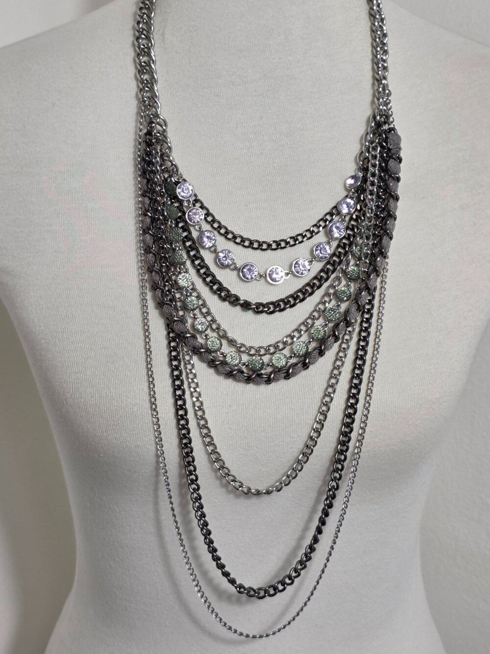 Simply Vera Wang Multi-Strand Necklace Silver & Gunmetal Chains & Rhinestones